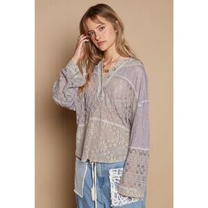 POL Charcoal Relaxed Fit Lace Mix Button Down Hoodie